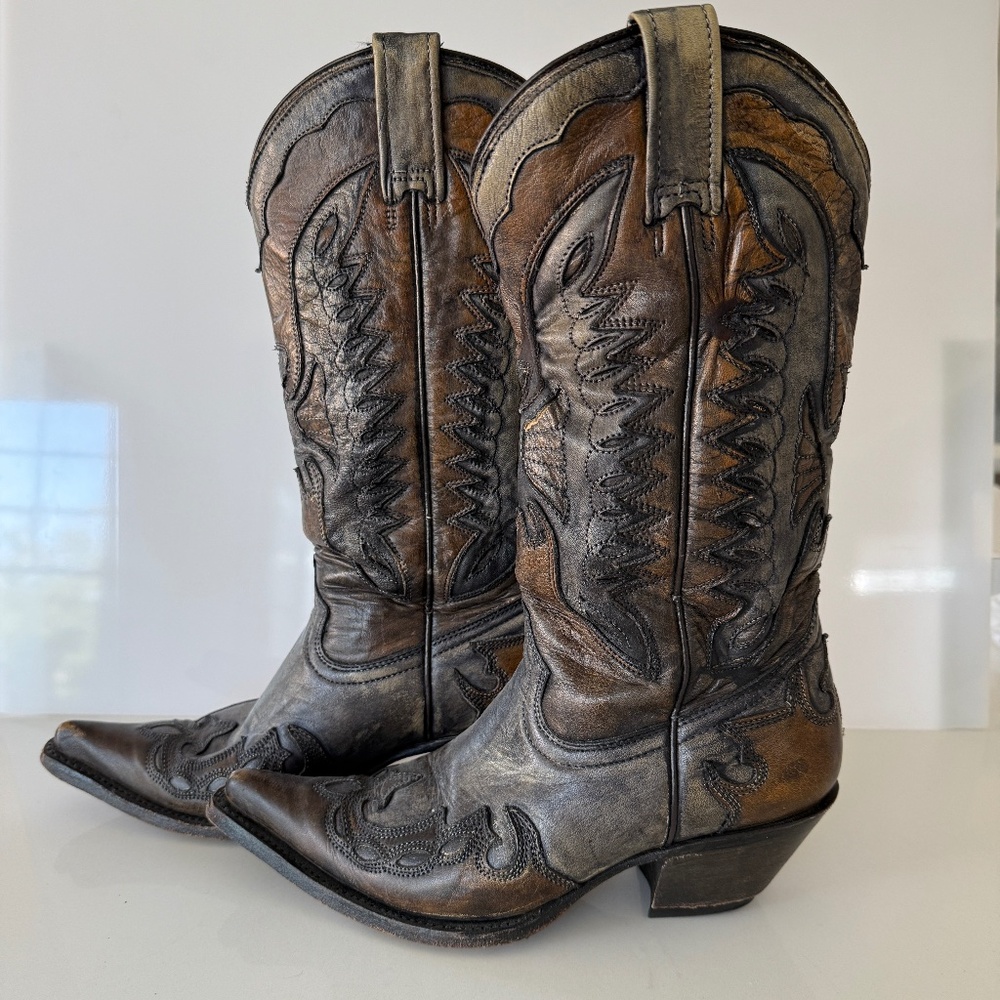 Gray and Brown Detailed Cowboy Boots from Acalas Chicago